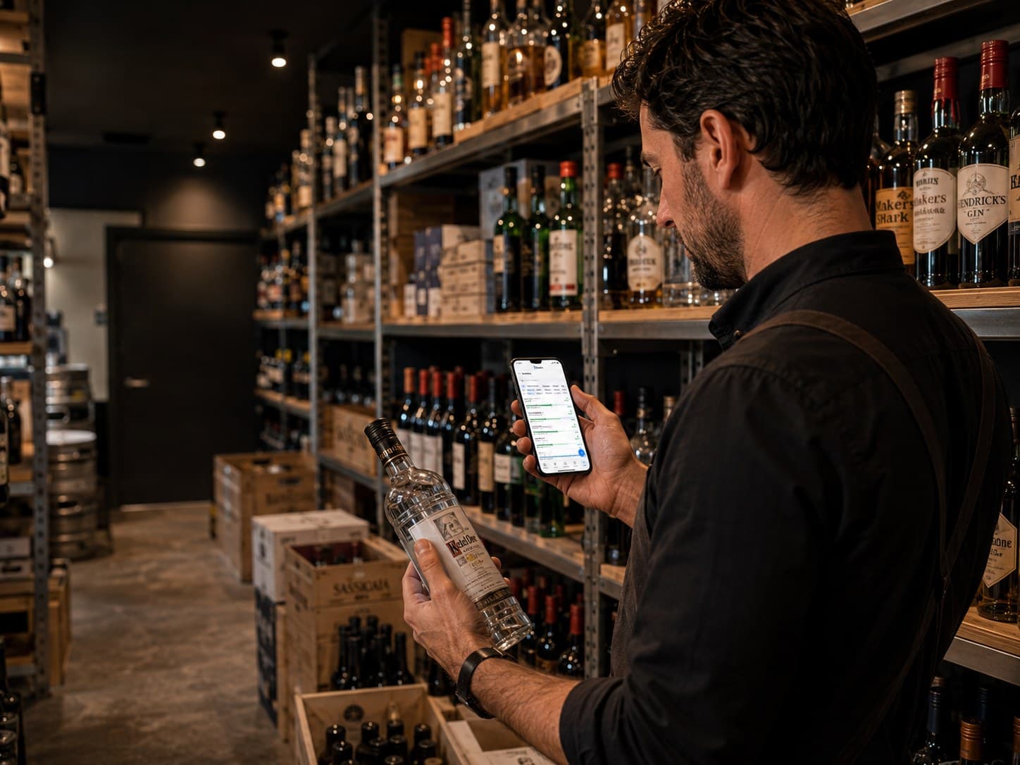 Bar manager checking stock on Stockt using a smartphone in the cellar